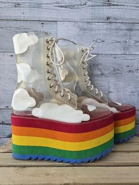 Dolls Kill Current Mood Happy Daze Clear Cloud Rainbow Platform Boots Size 9